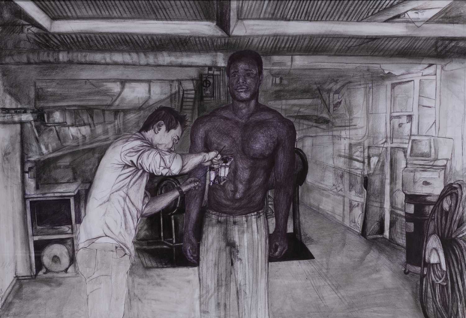 Le garage, 2013 Stylo bille et fusain sur papier Signé, daté "HD DANSOU 2013" en bas à gauche 80× 110 cm Provenance Collection particulière, Paris