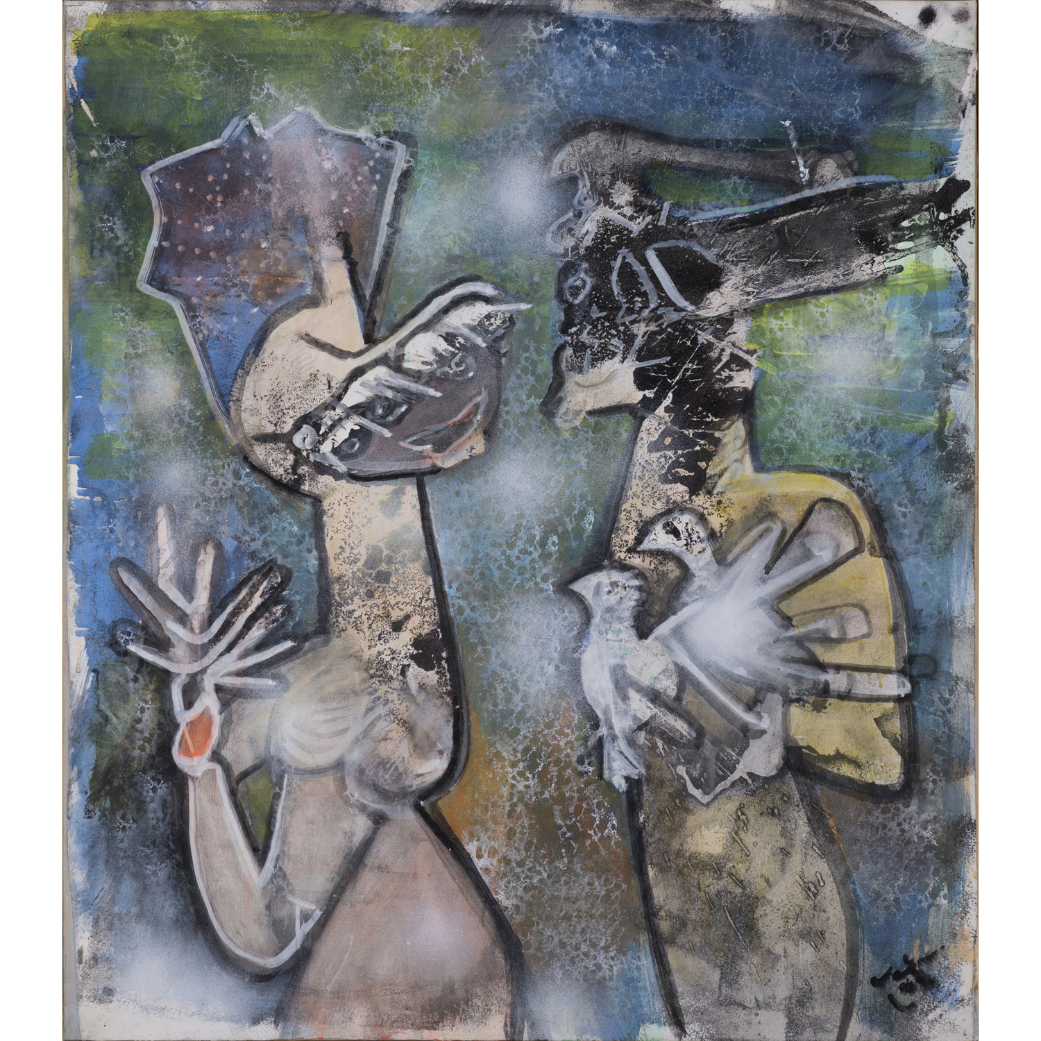 Roberto Matta (1911-2002) Titus et Nisa, 1989 Huile sur toile Signée en bas à droite Titrée au dos 91 x 80 cm Provenance: - Acquis directement auprès de l'artiste par l'actuel propriétaire - Collection particulière, Paris Bibliograhie : Cette oeuvre est archivée dans le Catalogue Général de l'artiste sous le n°89/51 Un certificat d'authenticité de Madame Germana Matta Ferrari sera remis à l'acquéreur.