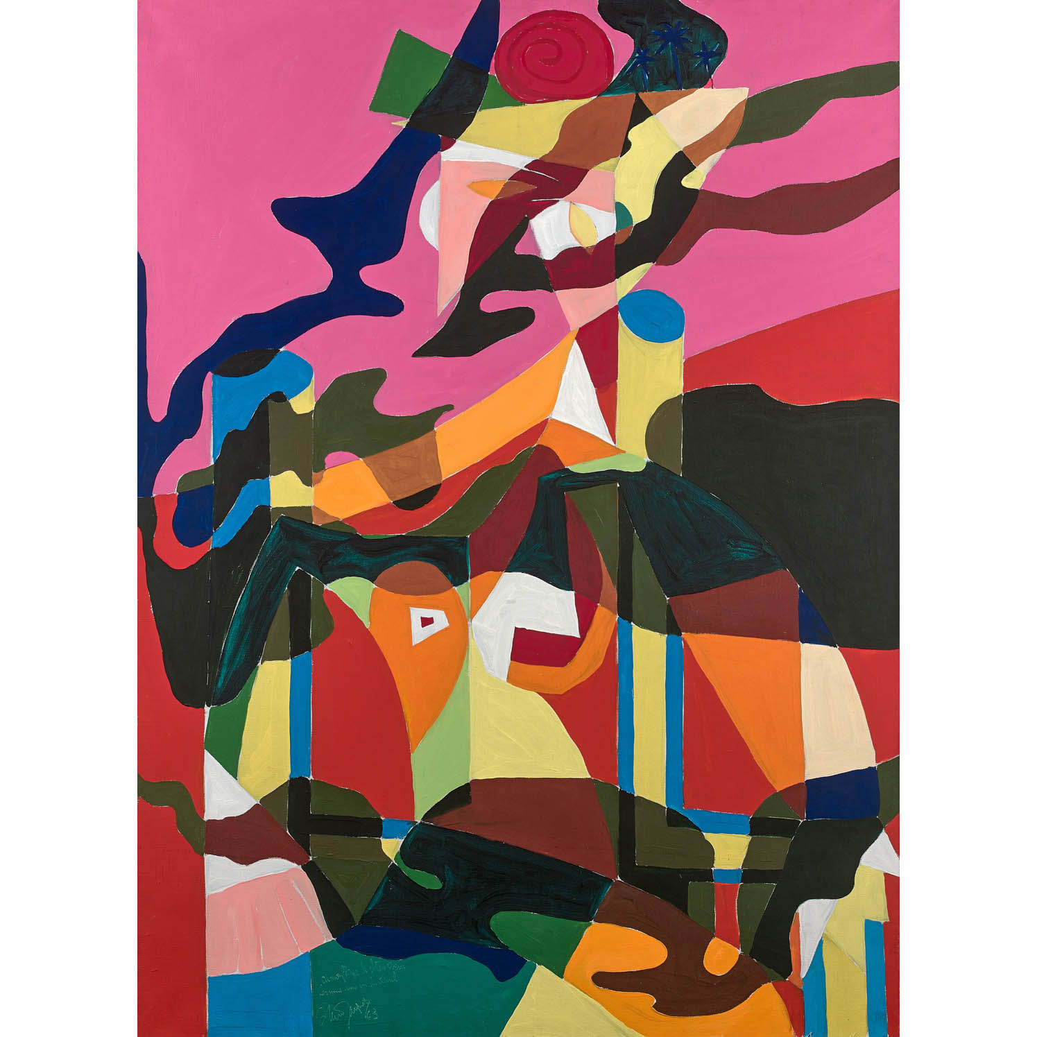 Alain Jacquet (1939-2008) Camouflage Lichtenstein/Picasso, Femme dans un fauteuil, 1963 Oil on canvas Estimation : 60000 / 80000 € ƒ Alain Jacquet (1939-2008) Camouflage Lichtenstein/Picasso, Femme dans un fauteuil, 1963 Oil on canvas Signed, dated and titled on the bottom left Countersigned, dated and titled on the reverse Annotated on the reverse:"AJ-CAM-LICHTFF-63" 130 x 97 cm Provenance: - Robert Fraser Gallery, London - Daniel Varenne Gallery, Geneva Exhibitions: London, Robert Fraser Gallery, "Alain Jacquet Pantechnicon", November 25, 1963 Geneva, Daniel Varenne Gallery, "Camouflages", 1996, illustrated in the exhibition catalogue under n°6 Bibliography: This work will be included in the artist's Catalogue Raisonné, currently in preparation, under n°AJ-CAM-LICHTFF