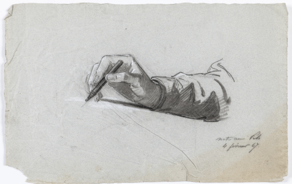 Estimation : 400 / 500 € Isidore Alexandre Augustin PILS (Paris 1813 - Douarnenez 1875)  Study of a forearm  black chalk, stump, heightened by white chalk on paper  11,8 X 18,5 in