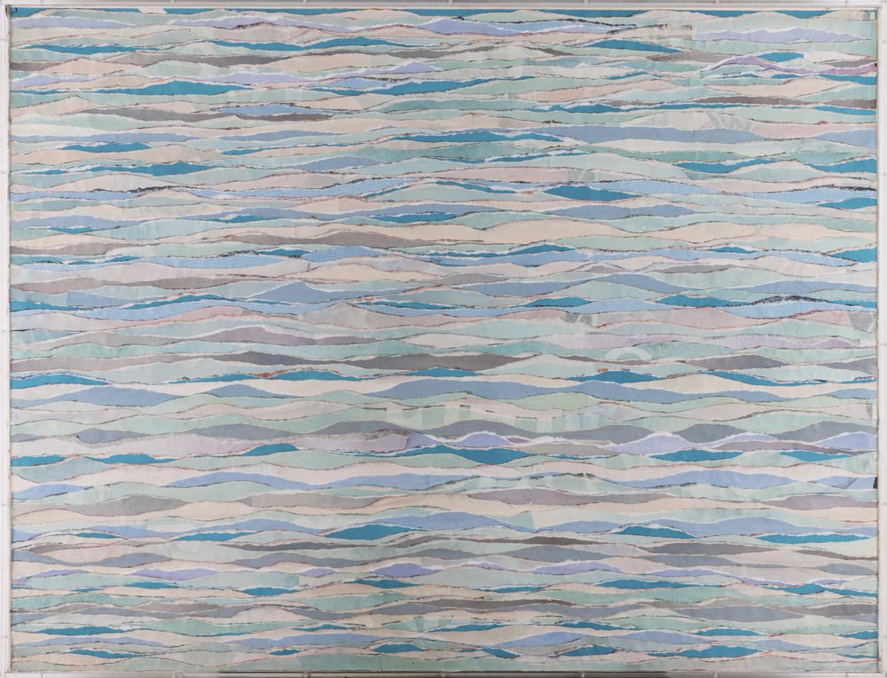  Pavlos (Pavlos Dionyssopoulos, dit) (1930-2019) Marine, 1987 Collage de papiers couleurs déchirés marouflé sur toile sous Plexiglas Signé et daté en bas à droite Contresigné deux fois, titré et daté au dos 154,5 × 202,5 cm Provenance : Atelier de l'artiste Un certificat d'authenticité des ayants droit de l'artiste sera remis à l'acquéreur. 30000/50000€