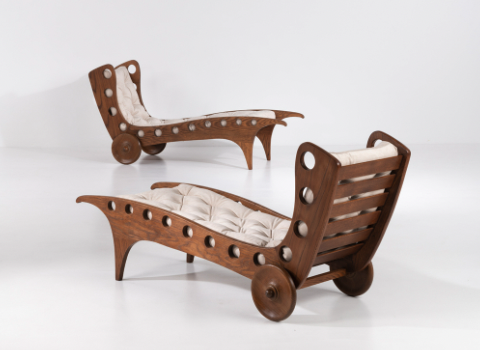 Gio Ponti (1891-1979) Paire de chaises-longues Chêne et textile Édition Casa e Giardino Modèle créé en 1937