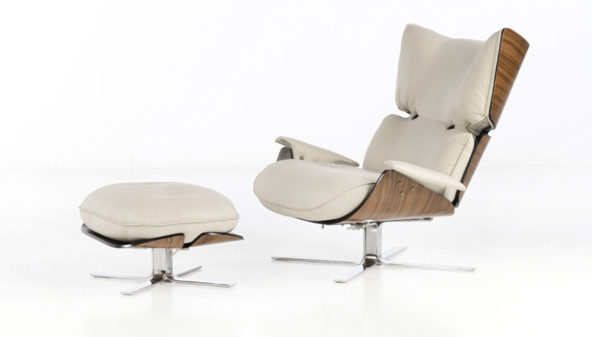 Jorge Zalszupin (born 1922)    Paulistana Armchair and footrest Veneer, chromed metal and leather Moveis edition Creation date: 1959-1965 