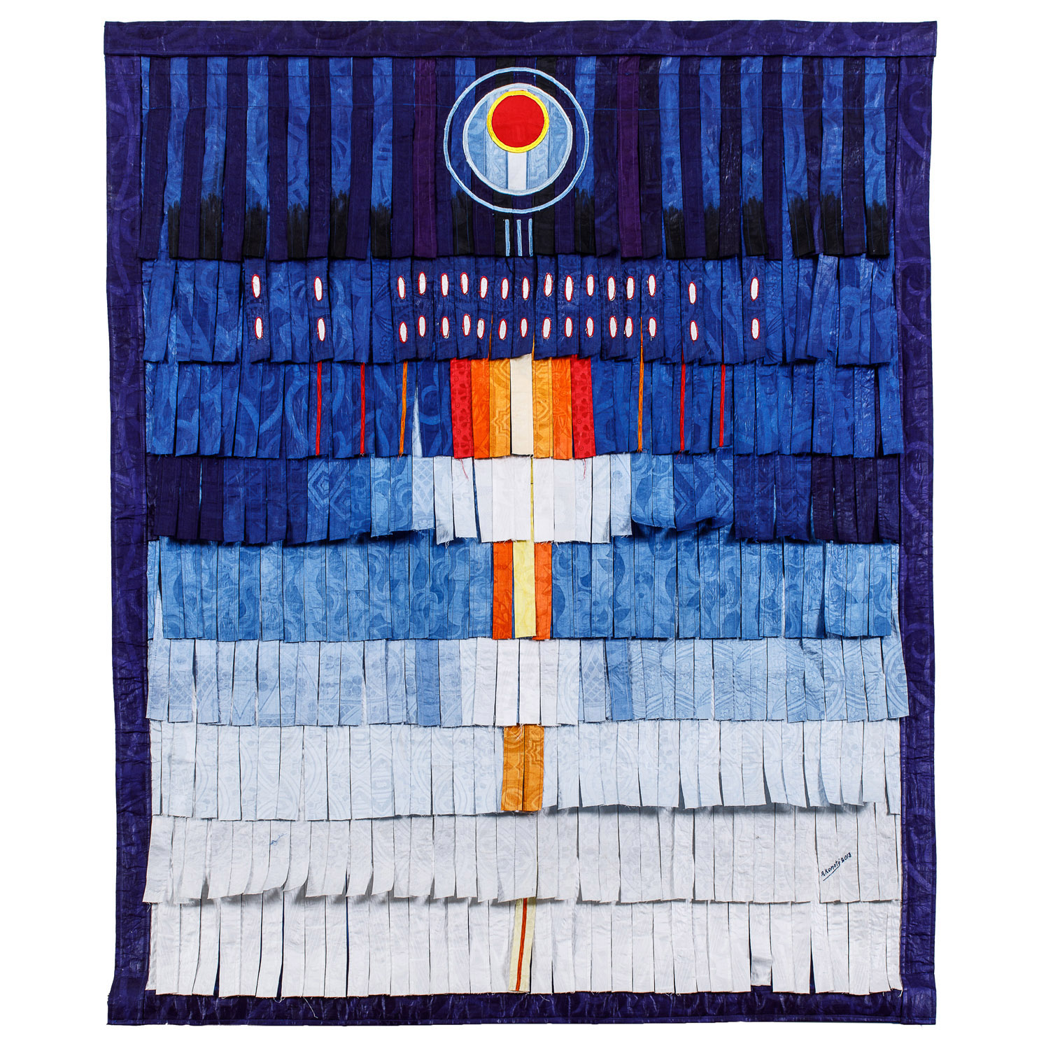  Abdoulaye Konat&eacute; (born 1953, Mali) Bleu au cercle rouge et jaune, 2018 Estimation : 15000 / 25000 &euro; Abdoulaye Konat&eacute; (born 1953, Mali) Bleu au cercle rouge et jaune, 2018 Fabric tapestry Signed and dated on the bottom right Signed, dated and titled on the reverse on a label 142 x 118 cm Provenance: - Primo Marella Gallery, Milan Purchased from the latter by the current owner - Private collection, Allemagne