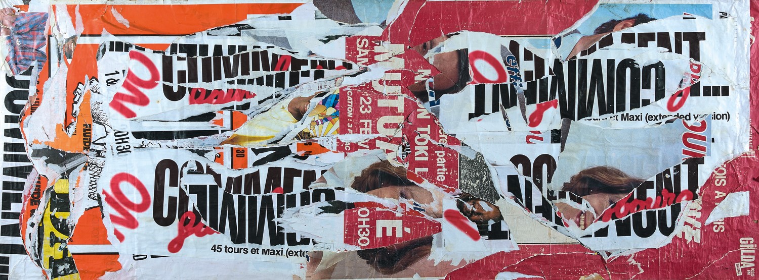 acques Villeglé (Jacques Mahé de La Villeglé dit) (1926-2022) Rue des Haudriettes, mars 1985 Affiches lacérées marouflées sur toile Signées, datées et titrées au dos 79 x 209 cm Provenance : - Galerie Georges-Philippe & Nathalie Vallois, Paris - Acquis auprès de cette dernière par l'actuel propriétaire - Collection particulière, Paris