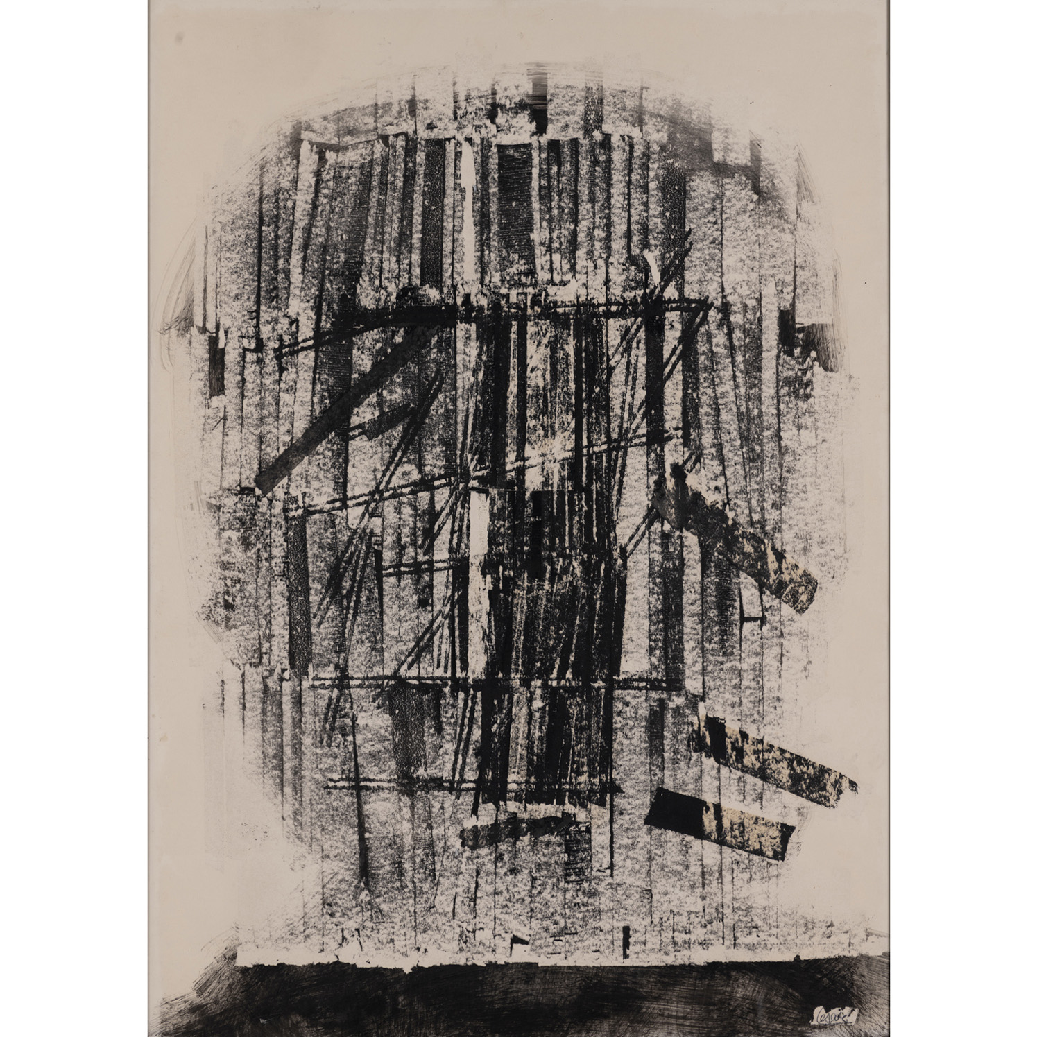 César (César Baldaccini, dit) (1921-1998) Arrachage, circa 1961 César (César Baldaccini, dit) (1921-1998) Arrachage, circa 1961 Encre de Chine sur papier arraché Signé en bas à droite 105 x 75 cm Provenance: - Vente Paris, Etude François de Ricqlès, 9 Décembre 1998 - Acquis auprès de cette dernière par l'actuel propriétaire - Collection particulière, Paris Bibliographie: Daniel Abadie, "César", Galerie Nationale du jeu de Paume, Editions du jeu de Paume/