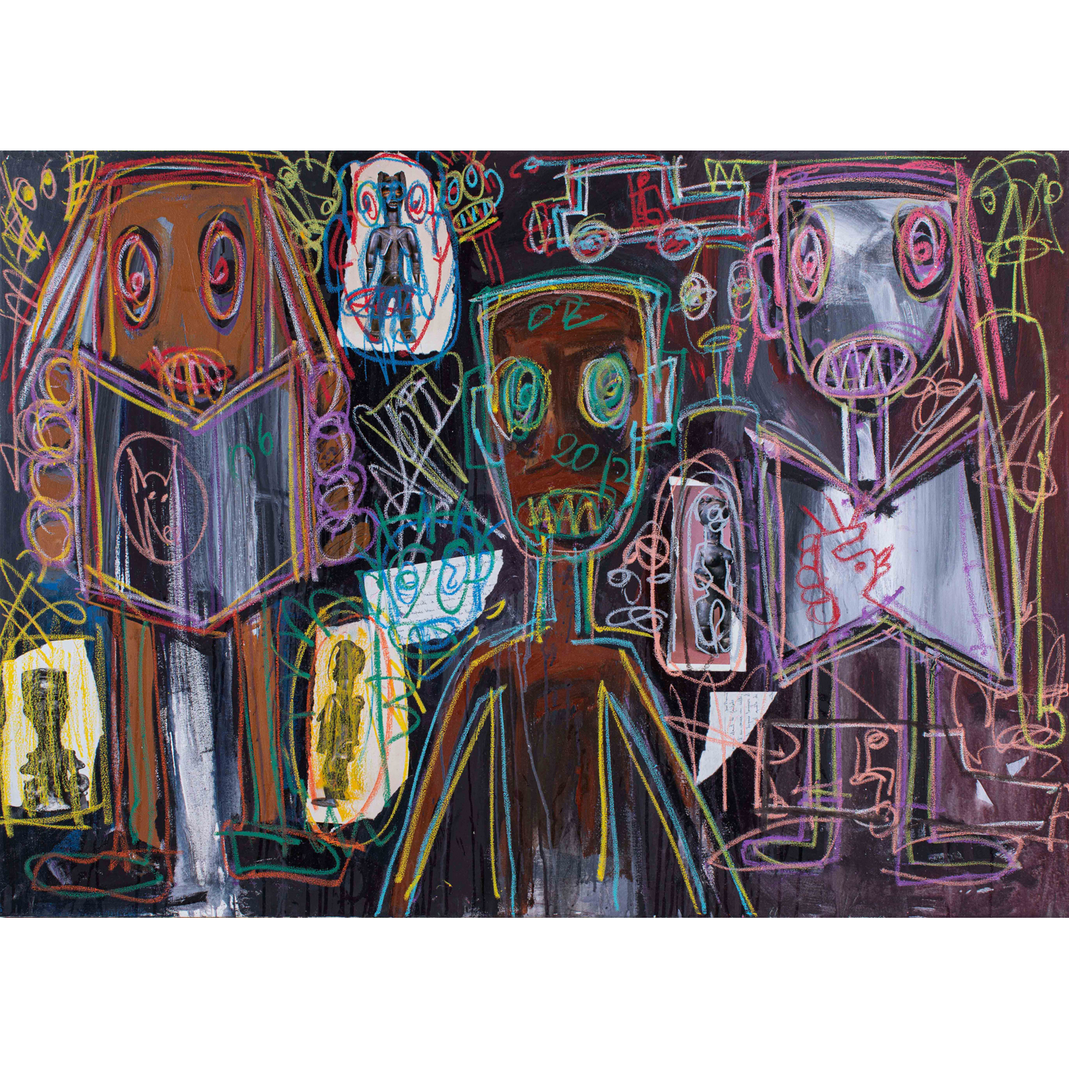 Abdoulaye Diarrassouba dit "Aboudia" (né en 1983, Côte d'Ivoire) Sans titre, 2013 Acrylique, pastels gras et collages sur toile 100 x 139 cm Estimation : 8 000 / 10 000 euros