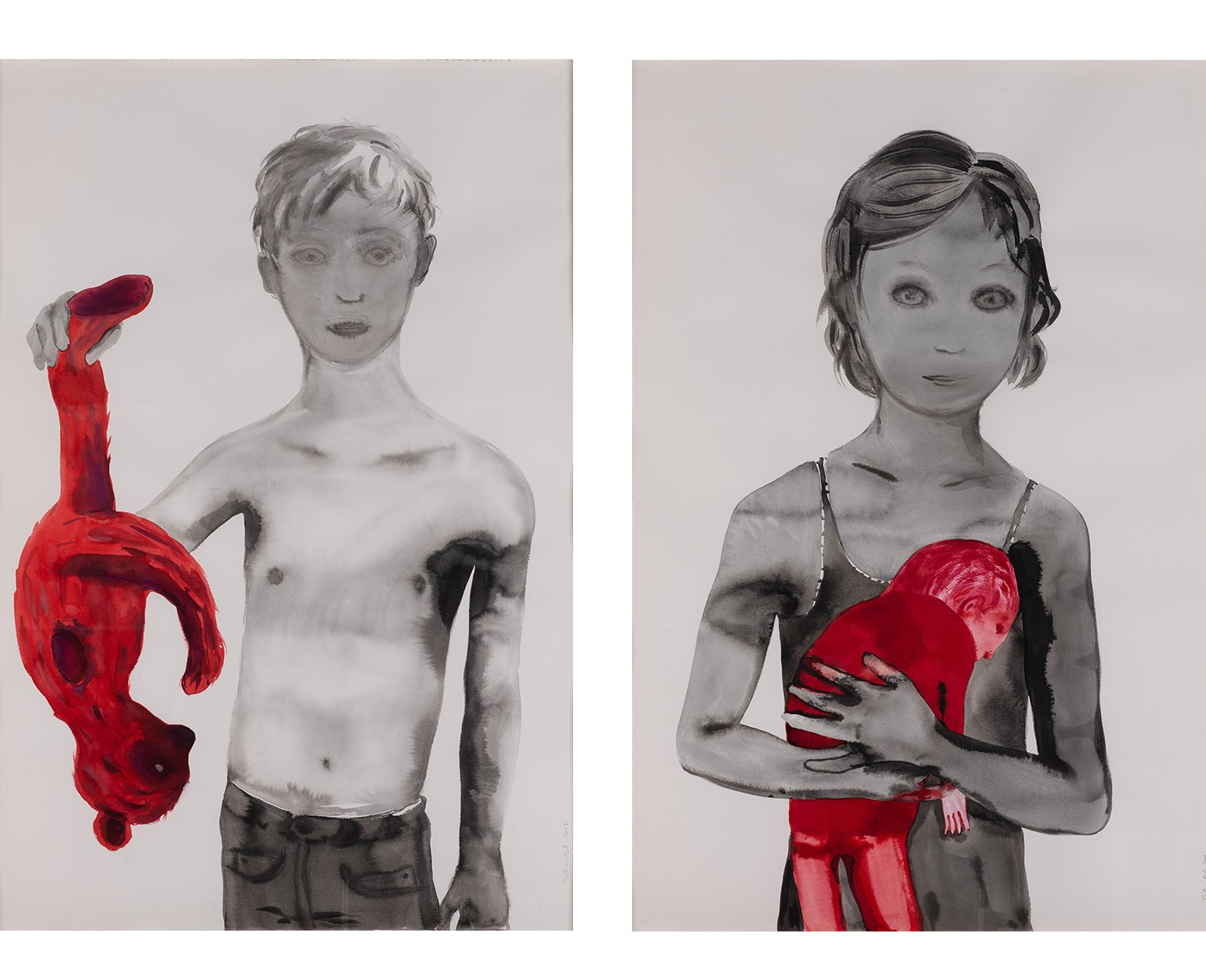 Fran&ccedil;oise P&eacute;trovitch (n&eacute;e en 1964) Ensemble de deux &oelig;uvres Masculin/F&eacute;minin, 2007 Aquarelle et lavis d'encre de Chine sur papier Sign&eacute; et dat&eacute; en bas &agrave; droite 120 x 80 cm Provenance : - Galerie RX, Paris - Acquis aupr&egrave;s de cette derni&egrave;re par l'actuel propri&eacute;taire - Collection particuli&egrave;re, Paris