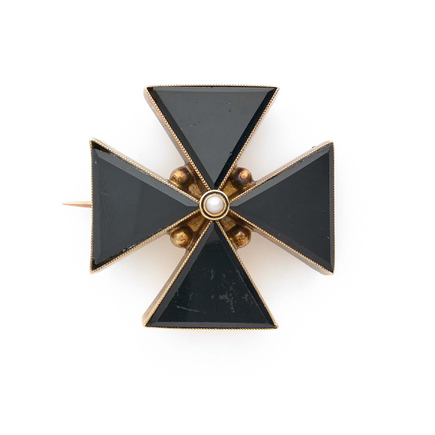 Pendentif-broche Croix De Malte Vintage Florenza - Pierre Verre Bleu De Florence - Signé