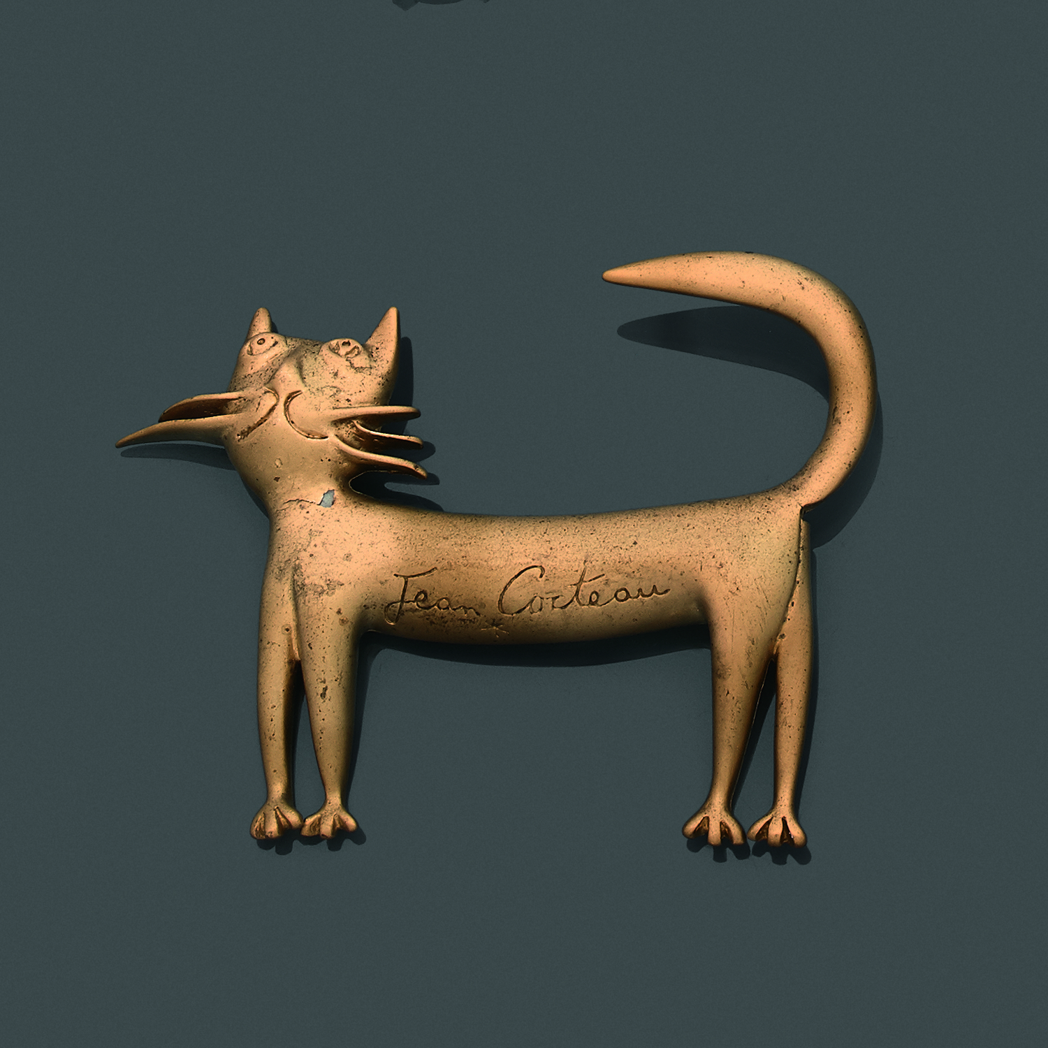 2 Broches chien et chat en métal doré cabochons de verre