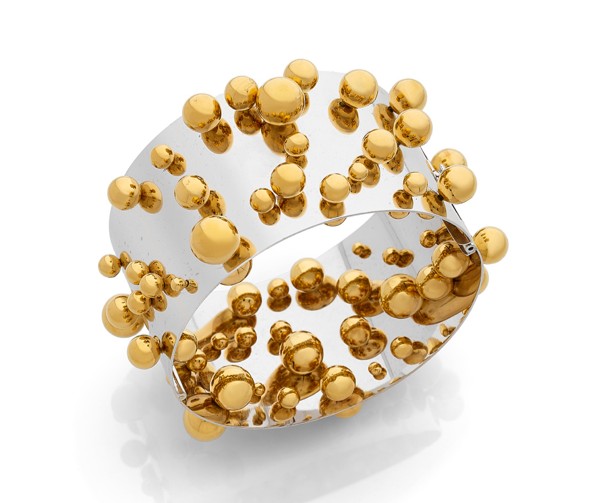 Pol Bury Bracelet &laquo; Sph&egrave;res mobiles de deux c&ocirc;t&eacute;s d'un cylindre &raquo;  en or blanc et billes d'or jaune