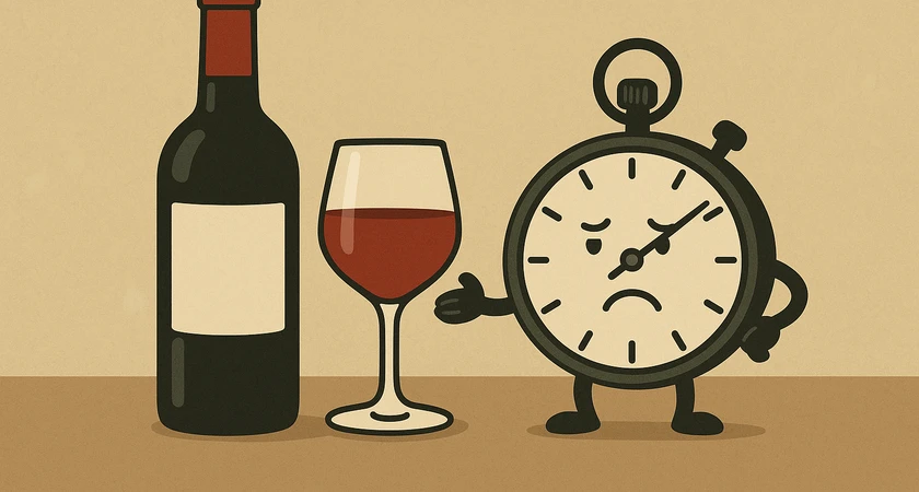 Horloge mécontente à côté d'une bouteille de vin et d'un verre rempli.