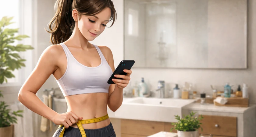 Femme mesurant sa taille avec un ruban à mesurer tout en consultant son téléphone dans une salle de bain.