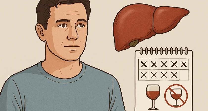 Homme pensif avec un schéma montrant un foie, un calendrier marqué, et un symbole de verre barré.