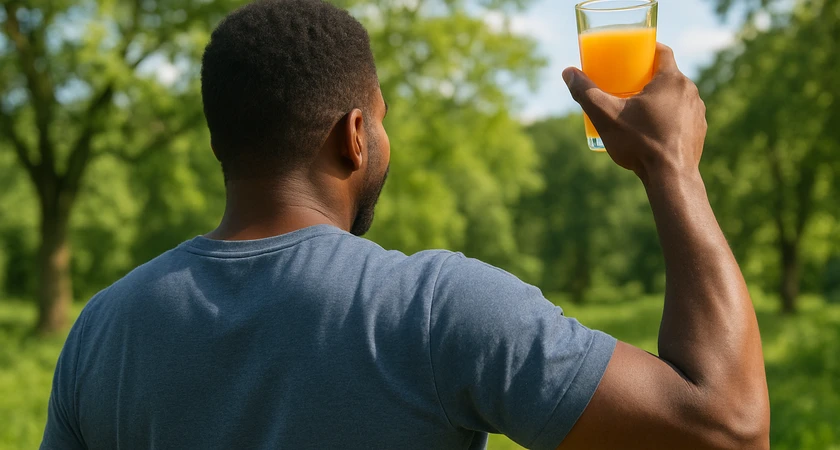 Homme en t-shirt bleu tenant un verre de jus d’orange dans un parc verdoyant.