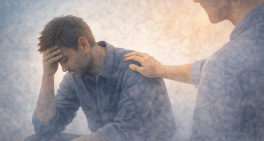 Un homme assis, la tête dans sa main, reçoit du réconfort avec une main posée sur son épaule.