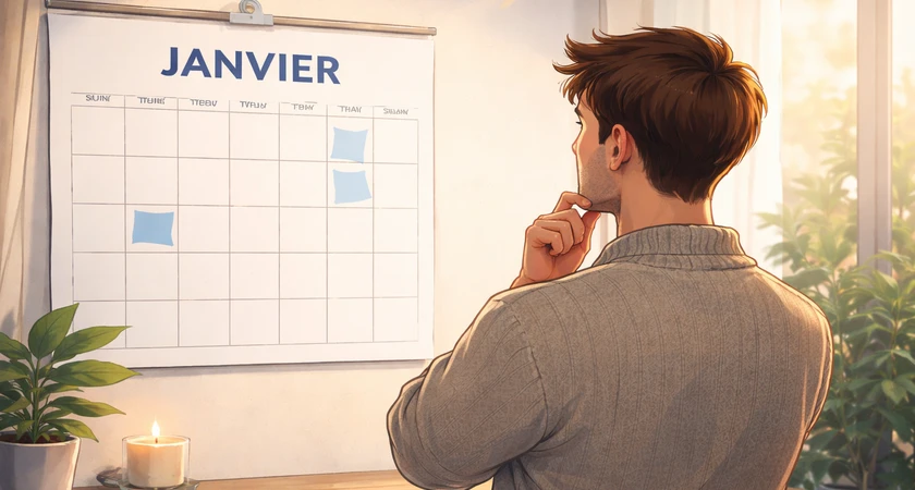 Homme réfléchissant devant un calendrier de janvier, entouré de plantes avec une bougie allumée.