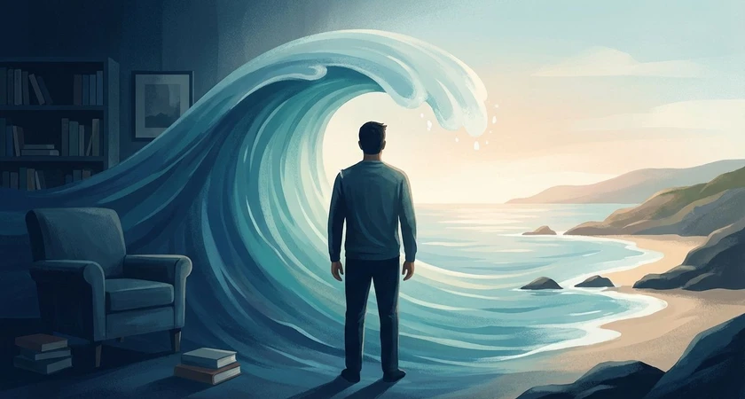 Homme contemplant une grande vague sur une plage, entouré de livres et fauteuil à l'intérieur.