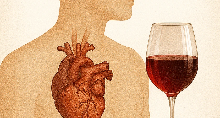 Cœur humain anatomique à côté d'un verre de vin rouge.