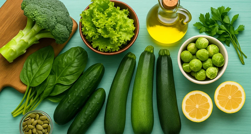 Assortiment de légumes verts frais avec huile d’olive et citrons sur fond turquoise.