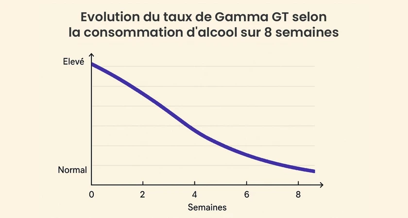 Graphique montrant la diminution du taux de Gamma GT lié à la consommation d’alcool sur une période de 8 semaines.