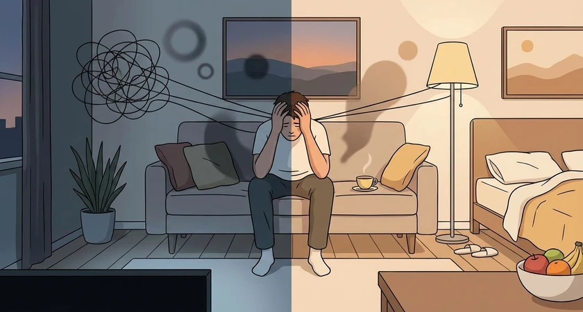 Personne stressée assise sur un canapé, pièce divisée entre ambiance nuit et jour.