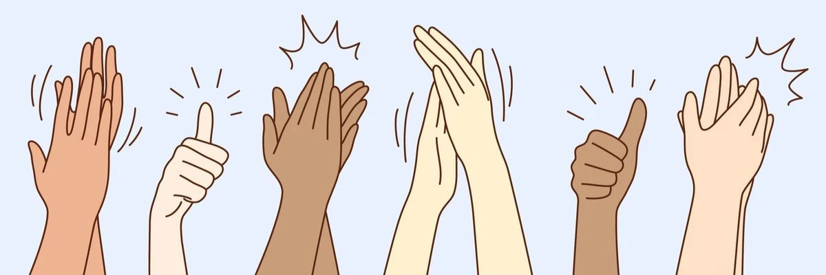Mains applaudissant et pouces en l'air dans une illustration colorée.