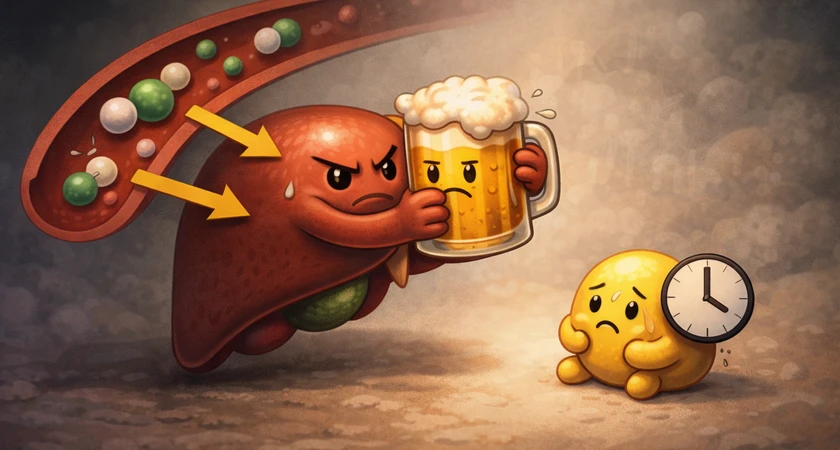 Foie cartoon portant une chope de bière avec expression fatiguée, face à une bile triste avec une horloge.