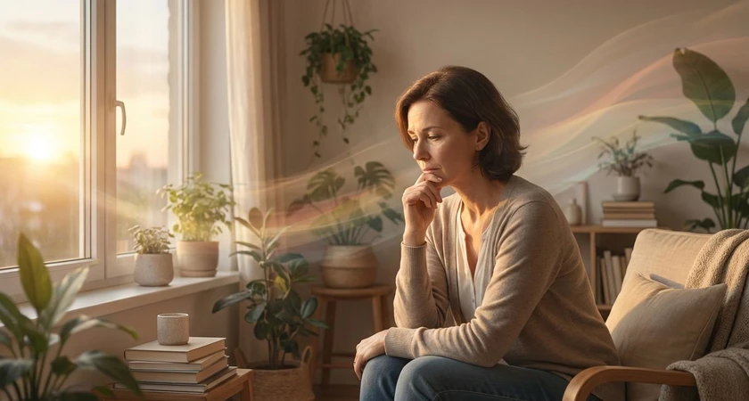 Femme pensive assise près d'une fenêtre ensoleillée, entourée de plantes d'intérieur et de livres.