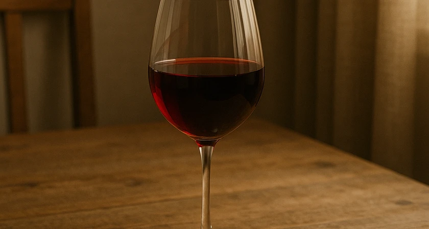 Verre de vin rouge posé sur une table en bois.