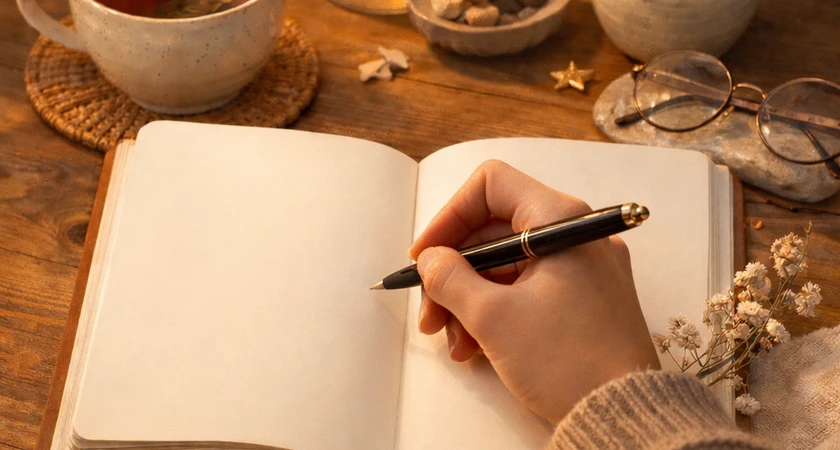 Personne écrivant dans un carnet sur une table en bois, entourée d'une tasse de thé et de lunettes.
