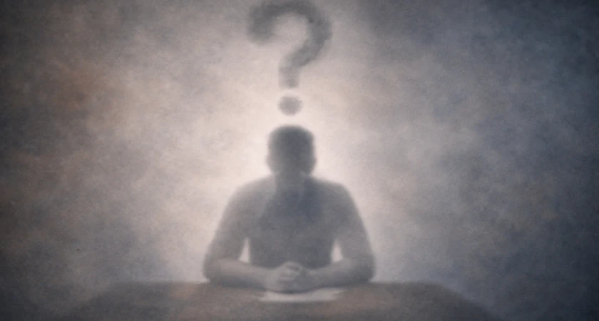 Silhouette d'une personne assise à une table avec un point d'interrogation au-dessus de la tête, symbolisant l'incertitude ou la réflexion.