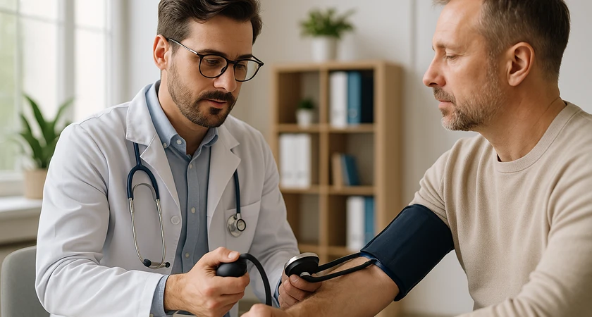 Médecin mesurant la tension artérielle d'un patient dans un cabinet médical.