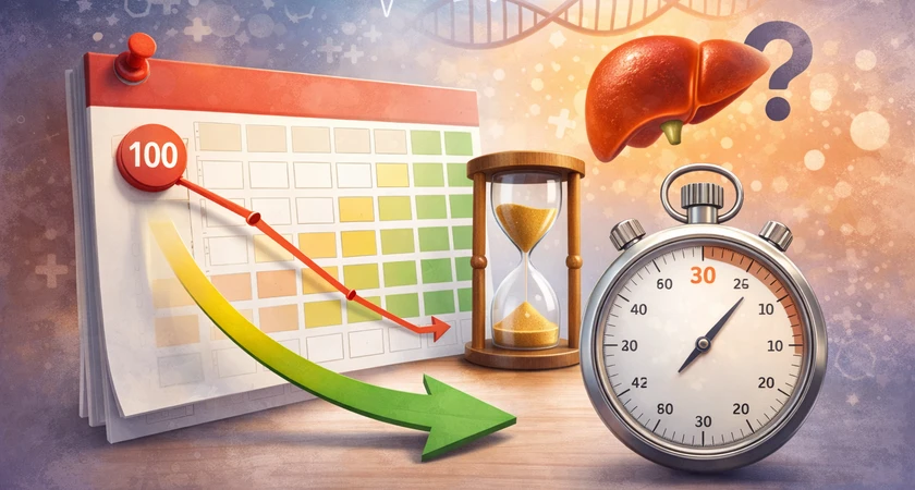 Calendrier avec flèche descendante, sablier, foie et chronomètre, symbolisant la gestion du temps et de la santé.