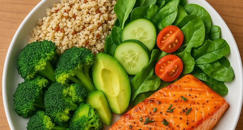 Assiette saine avec saumon grillé, avocat, quinoa, brocoli, épinards, concombres et tomates cerises.