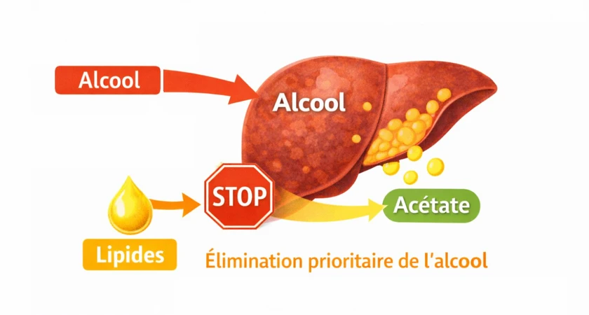 Schéma montrant le foie traitant l'alcool et bloquant l'élimination des lipides, priorité à l'alcool transformé en acétate.