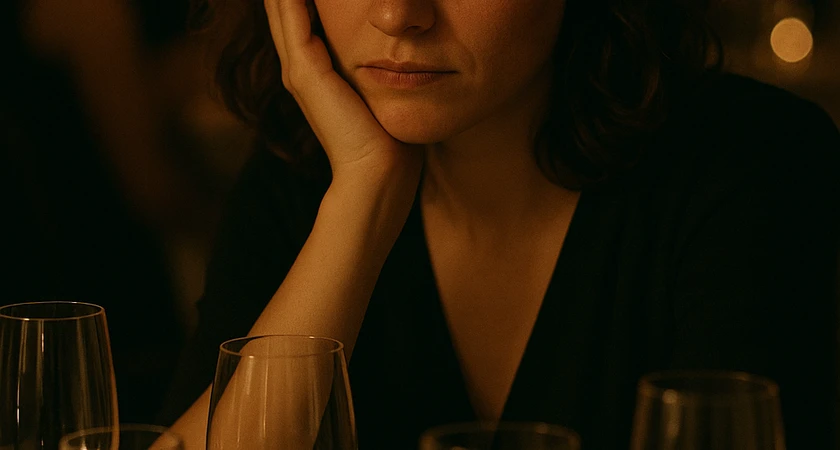 Femme pensive assise à une table entourée de verres à vin dans une ambiance tamisée.