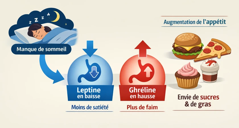 Impact du manque de sommeil sur l'appétit, avec une diminution de la leptine et une augmentation de la ghréline entraînant une envie accrue de sucres et de gras.