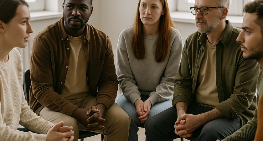 Groupe de personnes assises en cercle discutant ensemble.