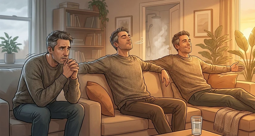 Trois hommes assis sur un canapé, représentant différentes émotions, dans un salon chaleureux avec des plantes.