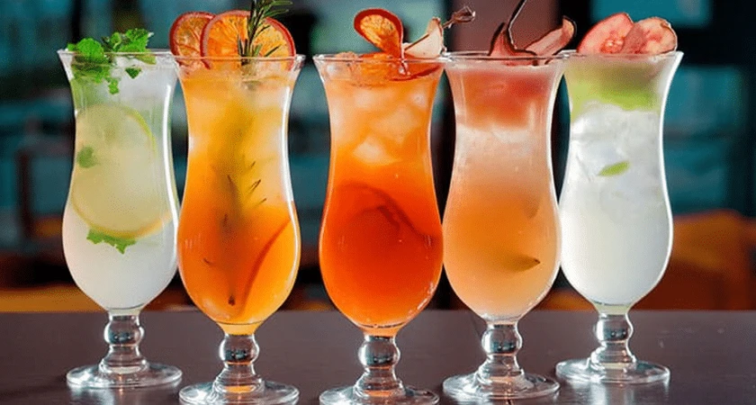 Cinq cocktails colorés alignés sur un bar.