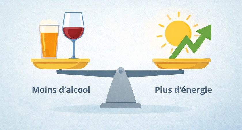 Balance illustrant une bière et du vin à gauche avec moins d'alcool, et une icône de soleil et de flèche montante à droite représentant plus d'énergie.