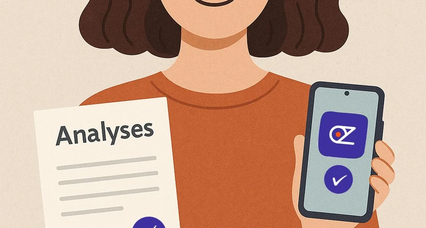 Femme tenant un document analytique et un smartphone avec une application de santé.