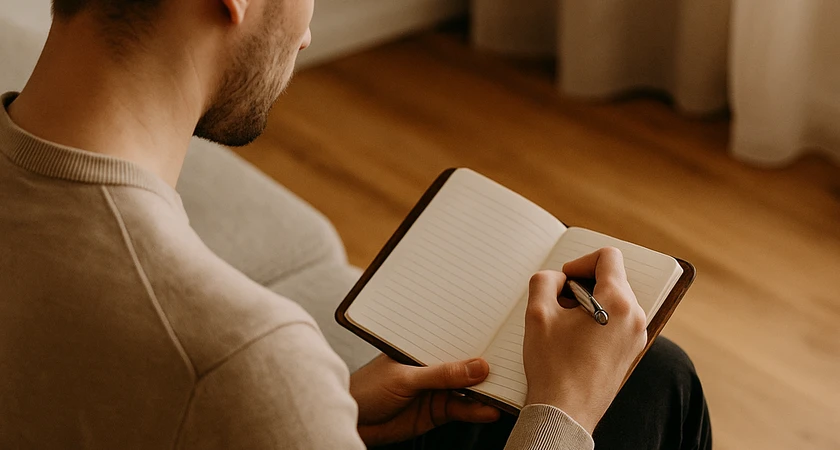 Personne écrivant dans un carnet assis sur un canapé dans un intérieur chaleureux.