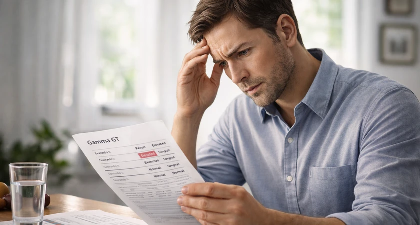 Homme préoccupé examinant ses résultats d'analyse sanguine gamma GT.