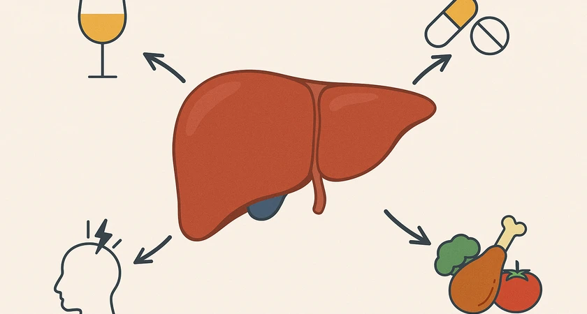 Diagramme illustrant les impacts sur le foie, y compris l'alcool, les médicaments, le stress, et l'alimentation.