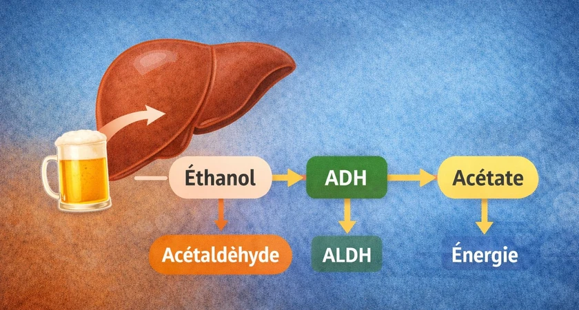 Processus de métabolisation de l'alcool dans le foie, illustrant la transformation de l'éthanol en énergie via l'acétaldéhyde et l'acétate.