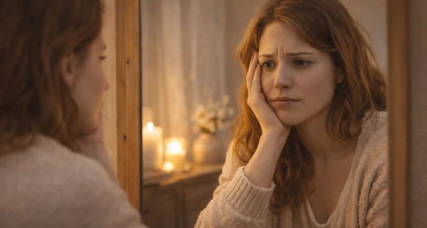 Femme pensive regardant son reflet dans un miroir, entourée d'une ambiance chaleureuse avec des bougies.