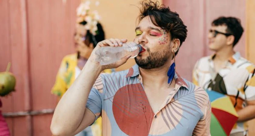 Homme buvant de l'eau lors d'une fête colorée avec des amis en arrière-plan.