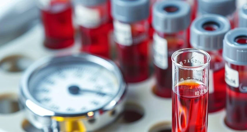 Tubes à essai remplis de liquide rouge dans un laboratoire, avec un manomètre en arrière-plan.